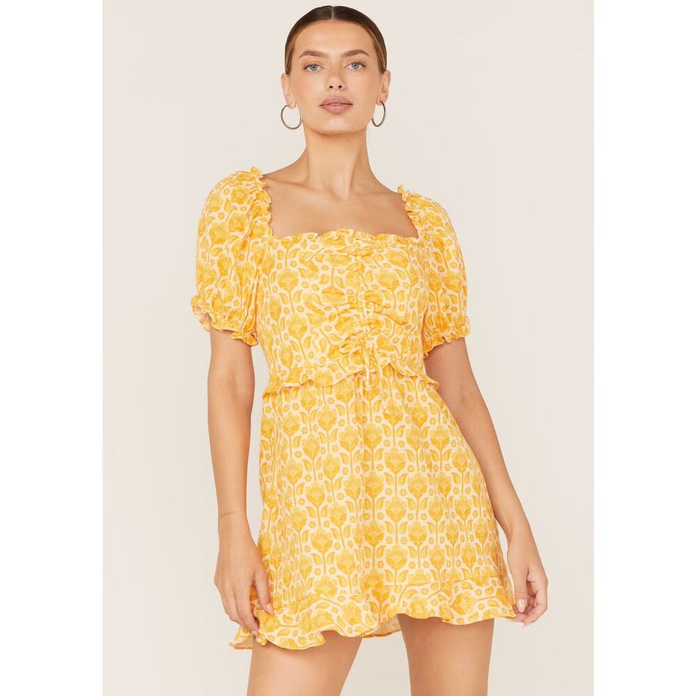 Show Me Your Mumu Mini Dress L Yellow Floral Puff Sleeve Smocked Back Boho